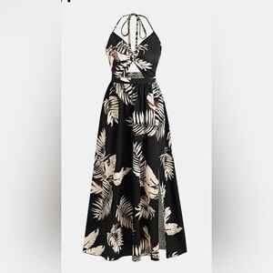 Elegant Black and Cream Leaf Print Dress